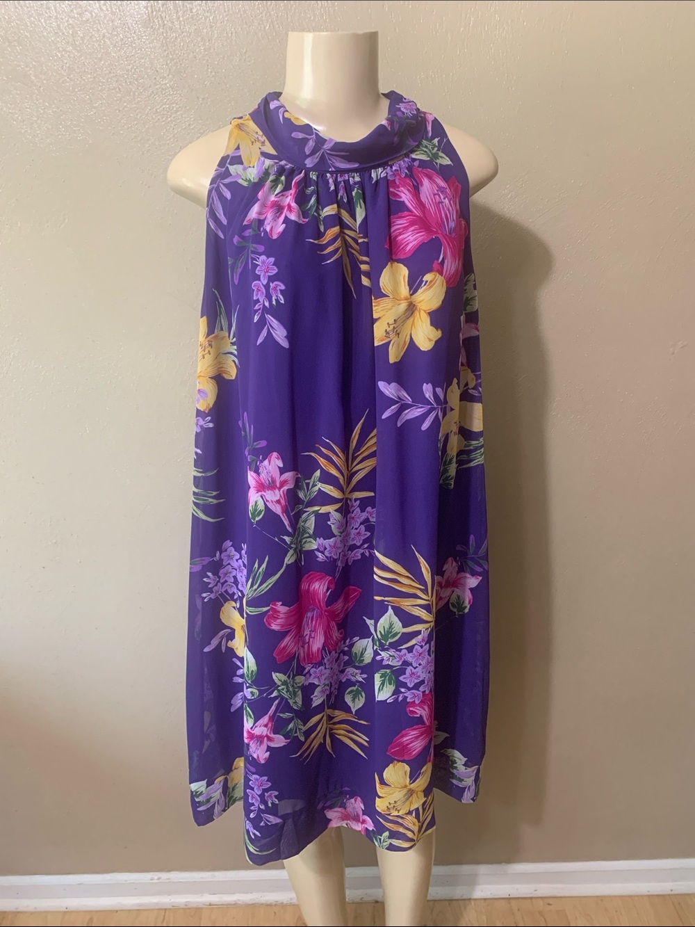 Eva Mendes XL New York & Company Purple Floral Dress Pink Accents NWT - Picture 2 of 6